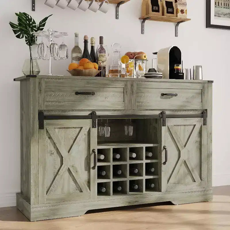 Buffet de ferme Heynemo avec rangement, porte coulissante de grange, support à vin et verres, étagères de rangement, pour cuisine, salle à manger