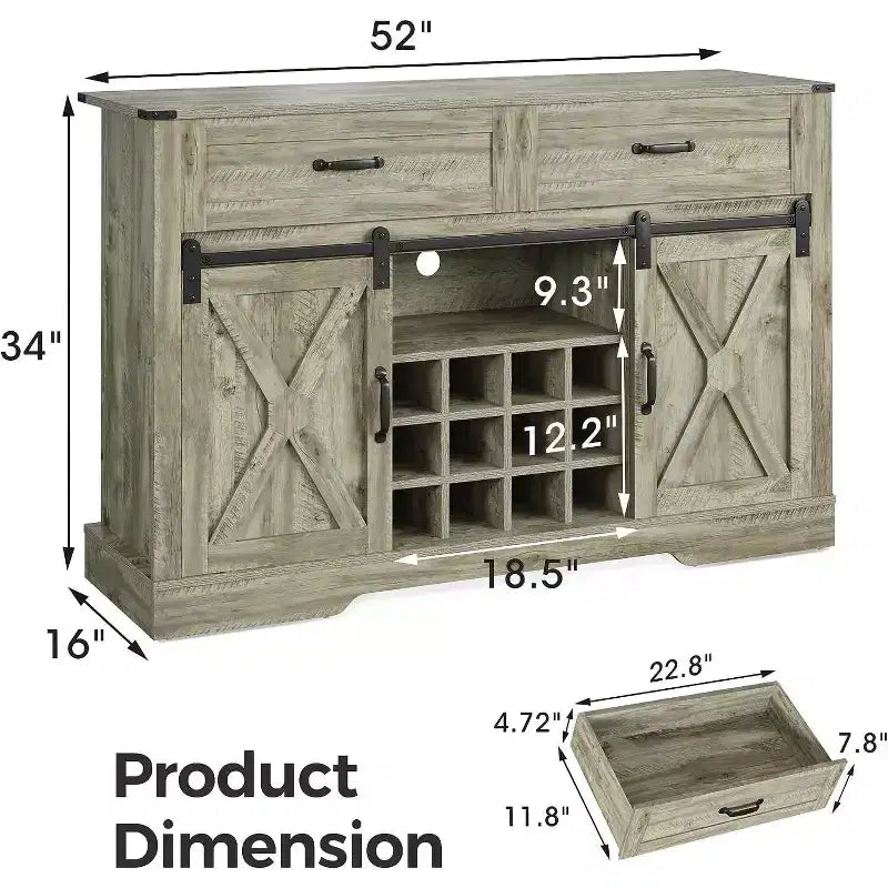 Buffet de ferme Heynemo avec rangement, porte coulissante de grange, support à vin et verres, étagères de rangement, pour cuisine, salle à manger