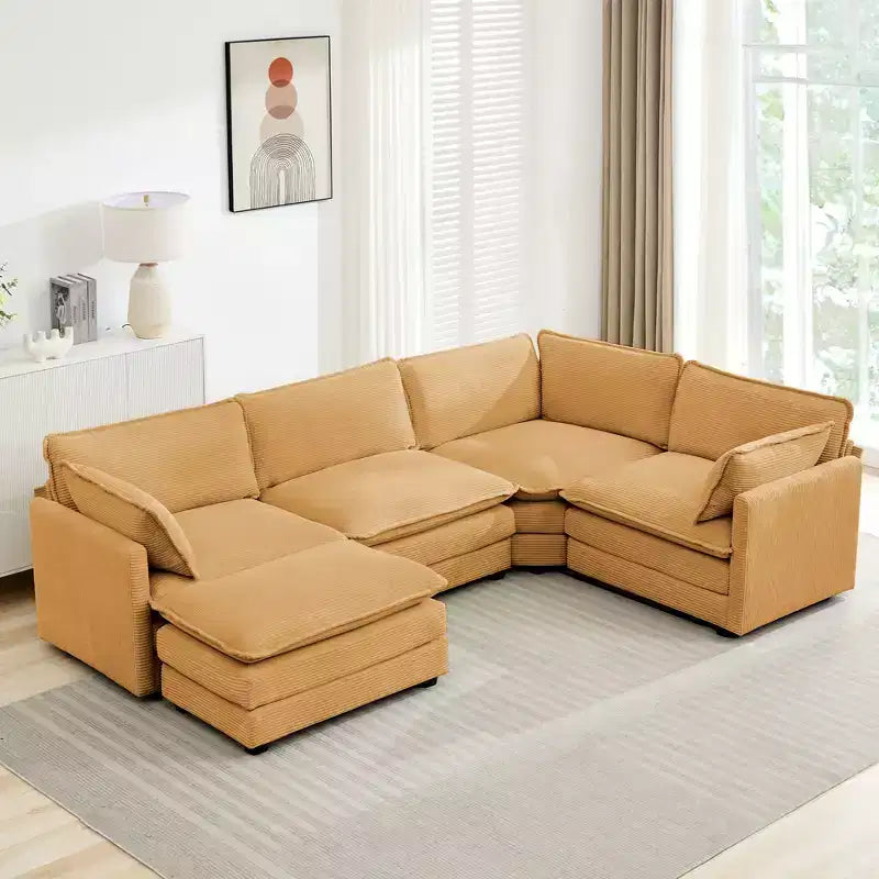 HYLEORY - Canapé d'angle modulaire moderne en velours côtelé de 287 x 201 cm avec pouf et canapé en forme de U à 5 places