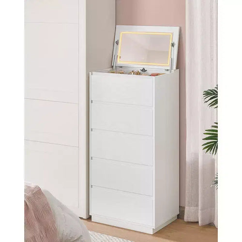 5-Drawer Dresser with Vanity Mirror and Touch Control Adjustable Lights, Modern Chest of Drawers for Bedroom, Sturdy Storage Furniture, Snow White