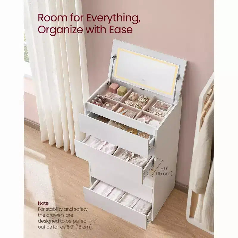 Commode 5 tiroirs avec miroir de courtoisie et lumières réglables tactiles, commode moderne pour chambre, meuble de rangement robuste, blanc neige