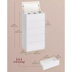 Commode 5 tiroirs avec miroir de courtoisie et lumières réglables tactiles, commode moderne pour chambre, meuble de rangement robuste, blanc neige
