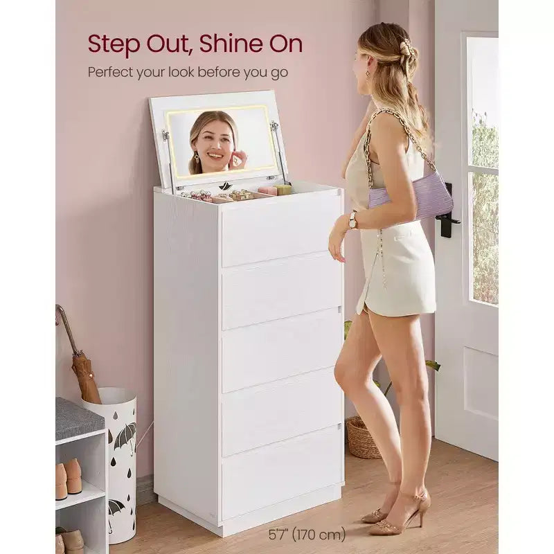 Commode 5 tiroirs avec miroir de courtoisie et lumières réglables tactiles, commode moderne pour chambre, meuble de rangement robuste, blanc neige