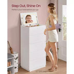 Commode 5 tiroirs avec miroir de courtoisie et lumières réglables tactiles, commode moderne pour chambre, meuble de rangement robuste, blanc neige