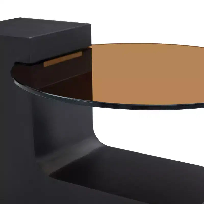 Table basse gigogne ronde, table d'appoint, table de bout avec plateau en verre transparent et pieds en L, Blanc/Marron+Noir-ModernLuxe
