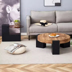Table basse gigogne ronde, table d'appoint, table de bout avec plateau en verre transparent et pieds en L, Blanc/Marron+Noir-ModernLuxe