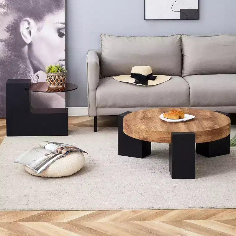 Table basse gigogne ronde, table d'appoint, table de bout avec plateau en verre transparent et pieds en L, Blanc/Marron+Noir-ModernLuxe