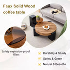 Table basse gigogne ronde, table d'appoint, table de bout avec plateau en verre transparent et pieds en L, Blanc/Marron+Noir-ModernLuxe