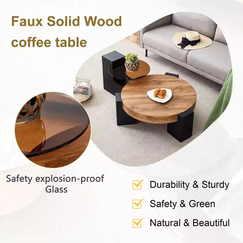 Table basse gigogne ronde, table d'appoint, table de bout avec plateau en verre transparent et pieds en L, Blanc/Marron+Noir-ModernLuxe