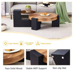Table basse gigogne ronde, table d'appoint, table de bout avec plateau en verre transparent et pieds en L, Blanc/Marron+Noir-ModernLuxe