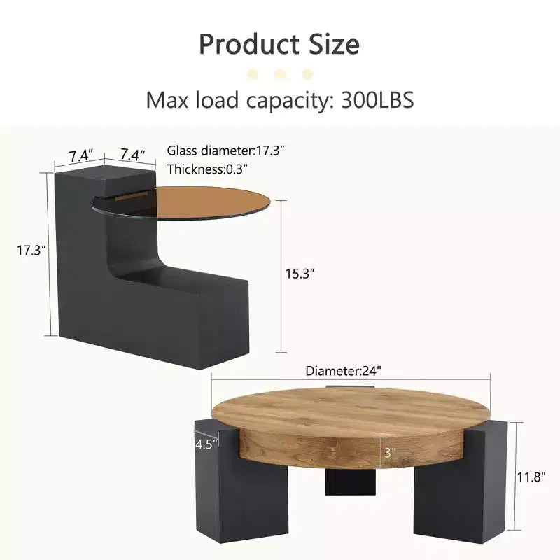 Table basse gigogne ronde, table d'appoint, table de bout avec plateau en verre transparent et pieds en L, Blanc/Marron+Noir-ModernLuxe
