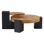 Table basse gigogne ronde, table d'appoint, table de bout avec plateau en verre transparent et pieds en L, Blanc/Marron+Noir-ModernLuxe