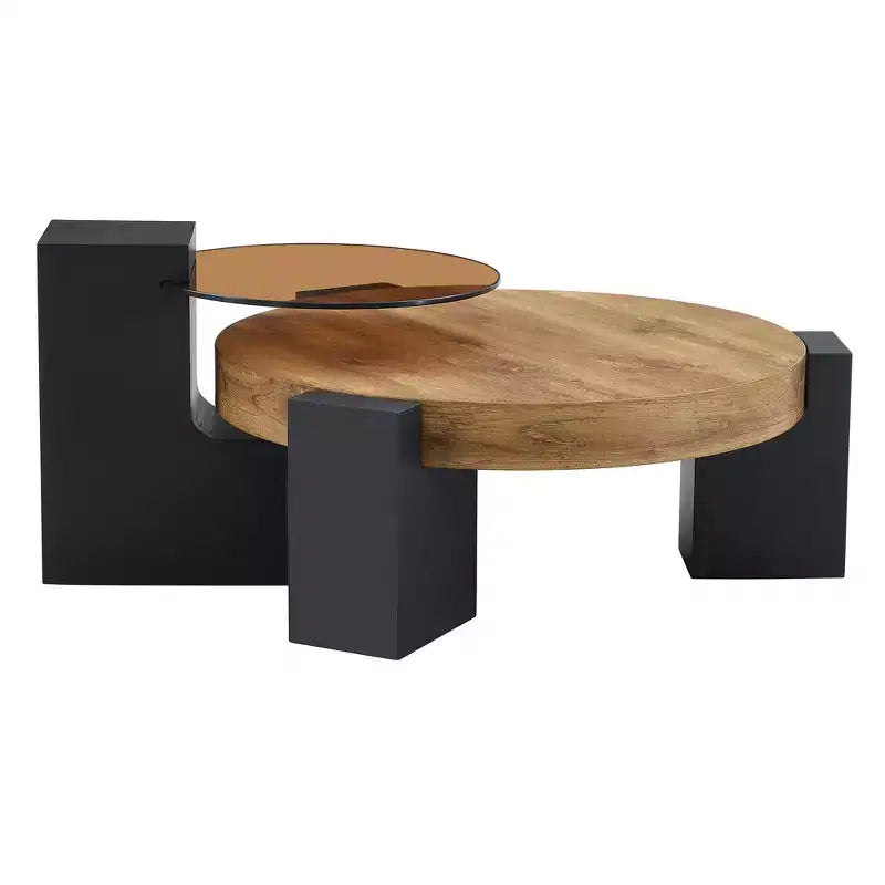 Table basse gigogne ronde, table d'appoint, table de bout avec plateau en verre transparent et pieds en L, Blanc/Marron+Noir-ModernLuxe
