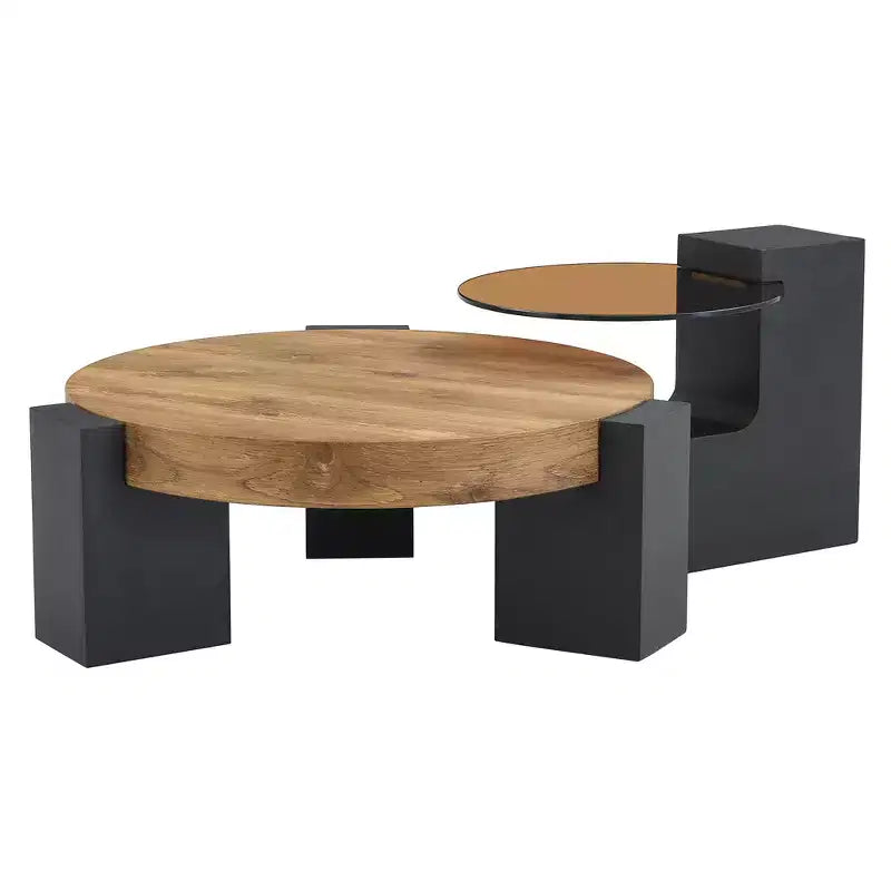 Table basse gigogne ronde, table d'appoint, table de bout avec plateau en verre transparent et pieds en L, Blanc/Marron+Noir-ModernLuxe