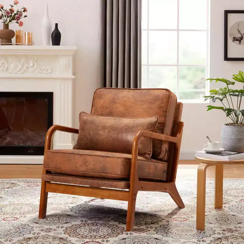Fauteuil d'appoint en bois massif EROMMY Mid Century avec oreiller de soutien lombaire