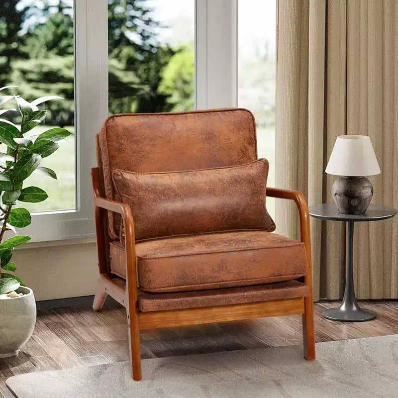 Fauteuil d'appoint en bois massif EROMMY Mid Century avec oreiller de soutien lombaire