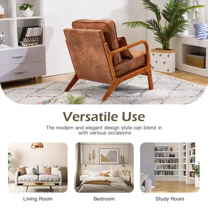 Fauteuil d'appoint en bois massif EROMMY Mid Century avec oreiller de soutien lombaire