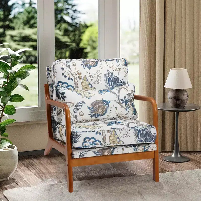 Fauteuil d'appoint en bois massif EROMMY Mid Century avec oreiller de soutien lombaire