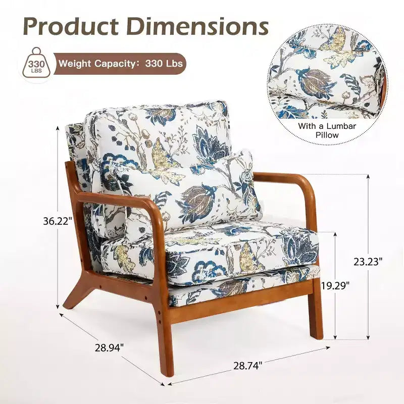 Fauteuil d'appoint en bois massif EROMMY Mid Century avec oreiller de soutien lombaire