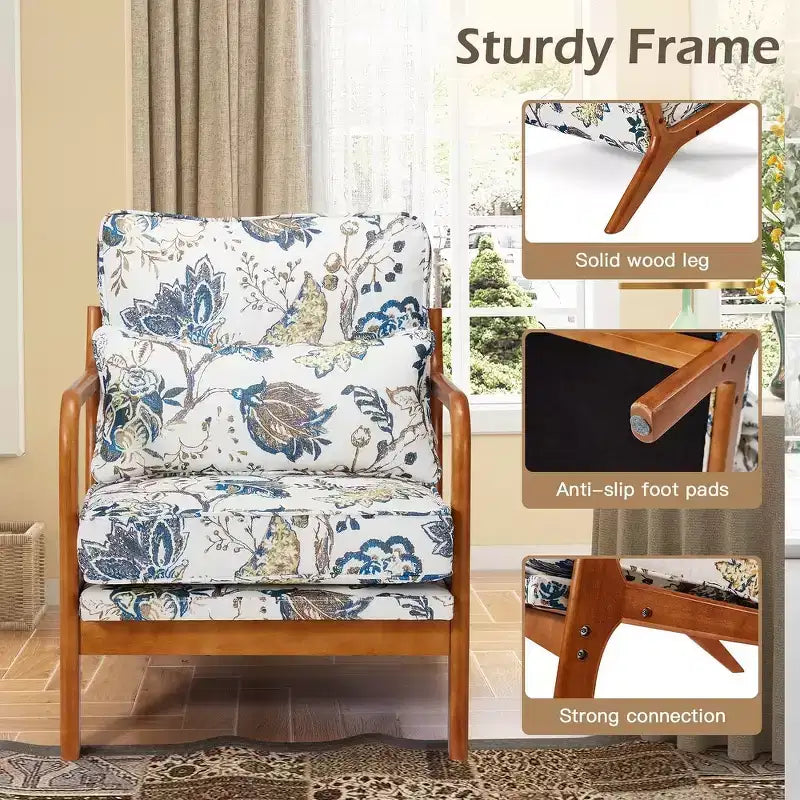 Fauteuil d'appoint en bois massif EROMMY Mid Century avec oreiller de soutien lombaire