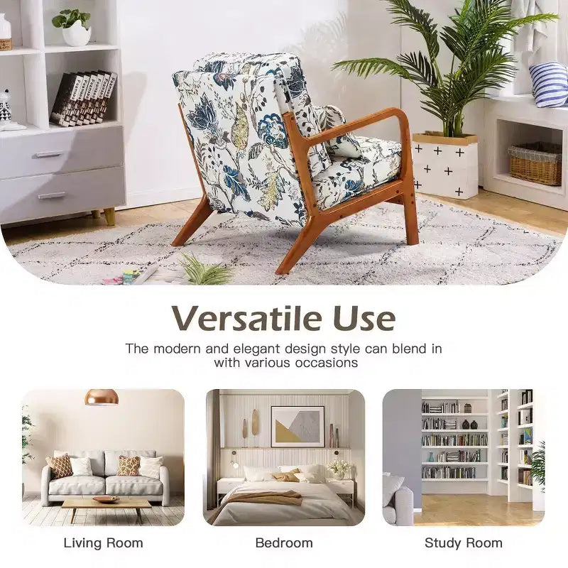 Fauteuil d'appoint en bois massif EROMMY Mid Century avec oreiller de soutien lombaire