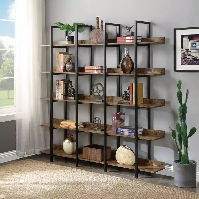 Étagère de style industriel vintage Whisen avec cadre en métal et panneau MDF, bibliothèque ouverte pour le bureau à domicile