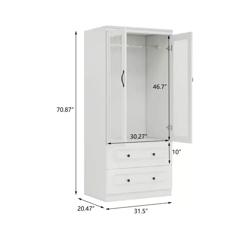 Armoire en bois blanc Keloyid de 80 cm avec 2 tiroirs et 2 portes vitrées