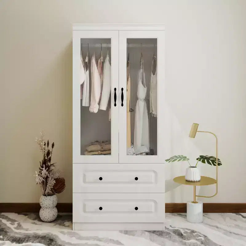 Armoire en bois blanc Keloyid de 80 cm avec 2 tiroirs et 2 portes vitrées