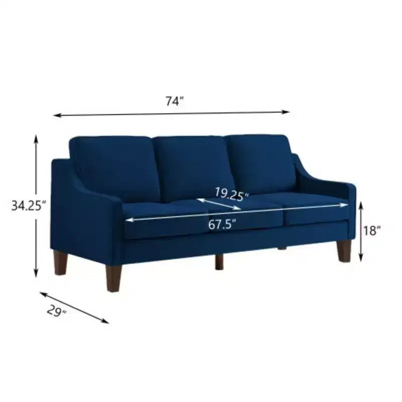 Canapé contemporain 3 places : velours bleu marine, accoudoirs incurvés, pieds en bois, coussins lavables