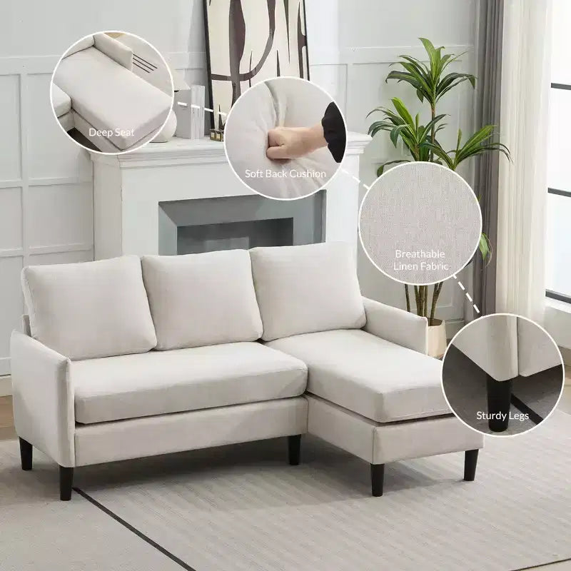Ensemble de canapé d'angle réversible de luxe Hyleory - Tissu en mélange de lin, design modulaire gauche/droite, cadre robuste pour salon et studio.