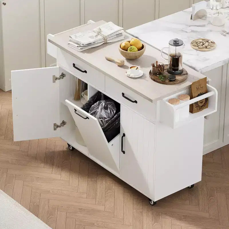 Îlot de cuisine blanc avec poubelle intégrée, chariot de cuisine à roulettes avec abattant et étagère réglable
