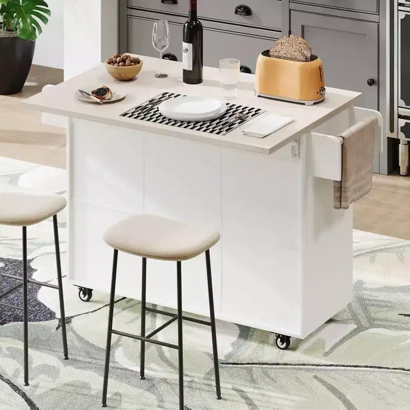 Îlot de cuisine blanc avec poubelle intégrée, chariot de cuisine à roulettes avec abattant et étagère réglable