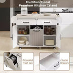 Îlot de cuisine blanc avec poubelle intégrée, chariot de cuisine à roulettes avec abattant et étagère réglable