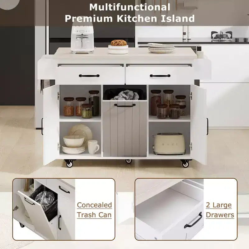 Îlot de cuisine blanc avec poubelle intégrée, chariot de cuisine à roulettes avec abattant et étagère réglable
