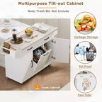 Îlot de cuisine blanc avec poubelle intégrée, chariot de cuisine à roulettes avec abattant et étagère réglable