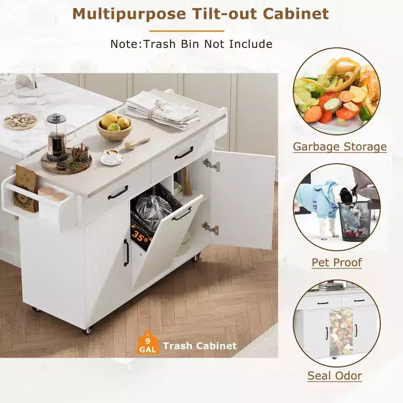 Îlot de cuisine blanc avec poubelle intégrée, chariot de cuisine à roulettes avec abattant et étagère réglable