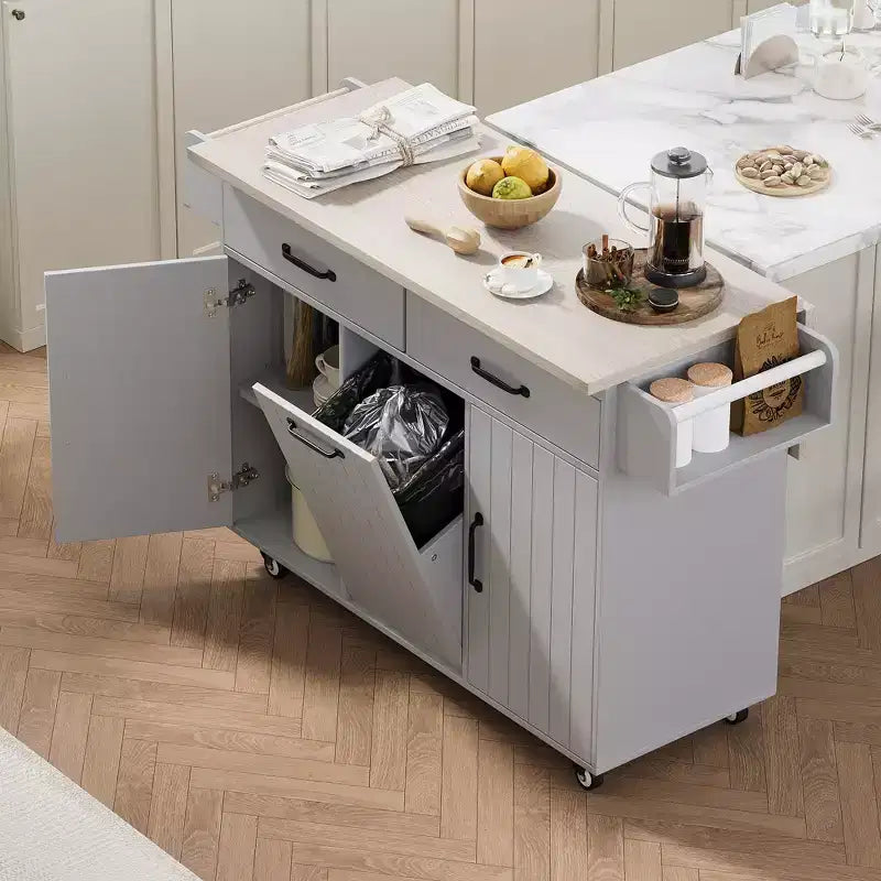Îlot de cuisine blanc avec poubelle intégrée, chariot de cuisine à roulettes avec abattant et étagère réglable