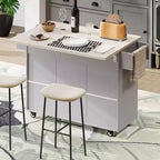 Îlot de cuisine blanc avec poubelle intégrée, chariot de cuisine à roulettes avec abattant et étagère réglable