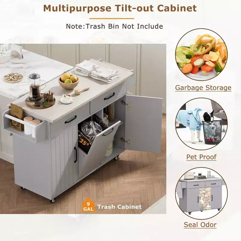 Îlot de cuisine blanc avec poubelle intégrée, chariot de cuisine à roulettes avec abattant et étagère réglable