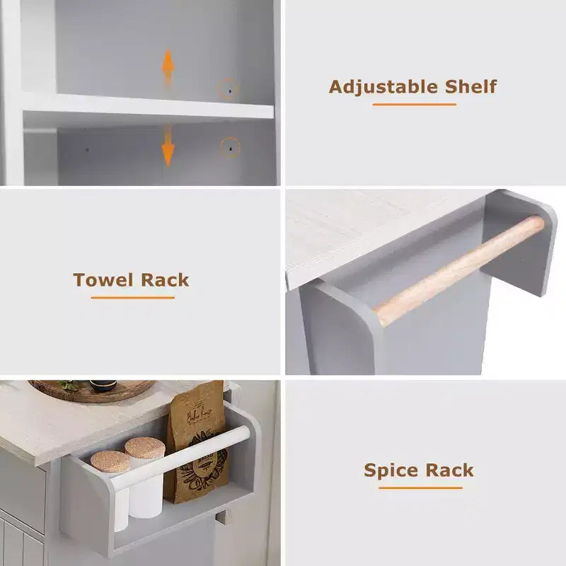Îlot de cuisine blanc avec poubelle intégrée, chariot de cuisine à roulettes avec abattant et étagère réglable