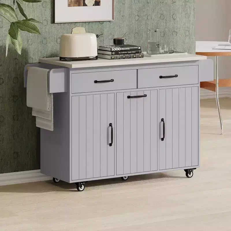 Îlot de cuisine blanc avec poubelle intégrée, chariot de cuisine à roulettes avec abattant et étagère réglable