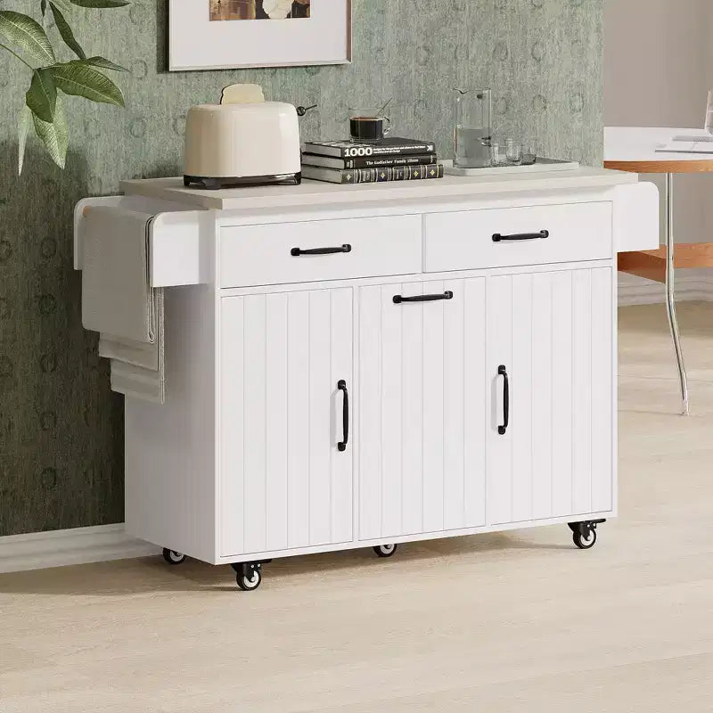 Îlot de cuisine blanc avec poubelle intégrée, chariot de cuisine à roulettes avec abattant et étagère réglable