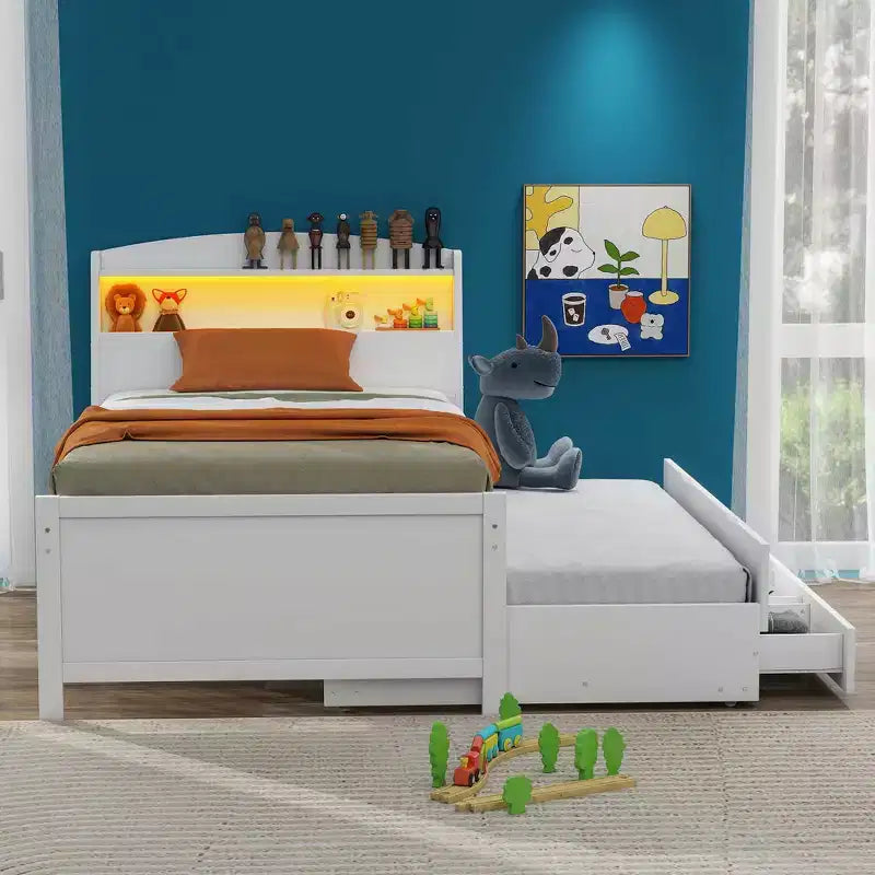 Cadre de lit plateforme double/grand avec tête de lit LED de rangement, lit gigogne double et 3 tiroirs, blanc-ModernLuxe