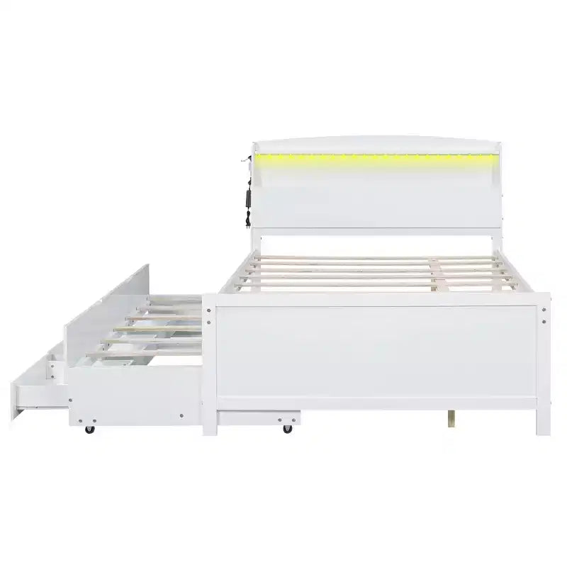 Cadre de lit plateforme double/grand avec tête de lit LED de rangement, lit gigogne double et 3 tiroirs, blanc-ModernLuxe