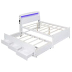 Cadre de lit plateforme double/grand avec tête de lit LED de rangement, lit gigogne double et 3 tiroirs, blanc-ModernLuxe
