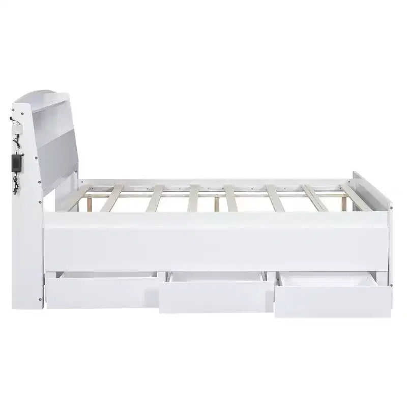 Cadre de lit plateforme double/grand avec tête de lit LED de rangement, lit gigogne double et 3 tiroirs, blanc-ModernLuxe