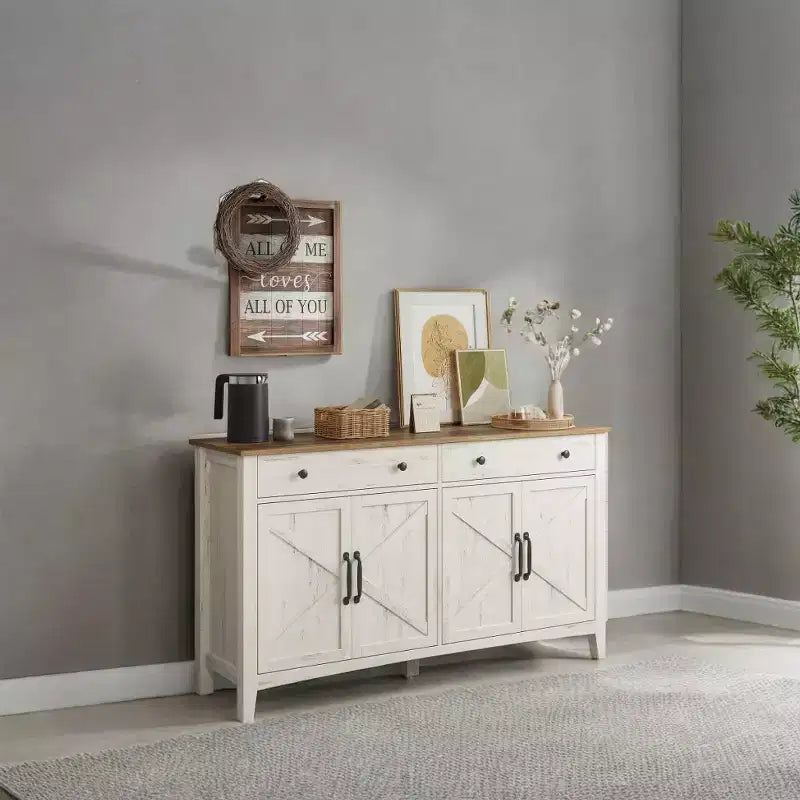 Meuble de rangement de cuisine style ferme marron miel avec 2 tiroirs et étagères réglables, parfait pour un coin café