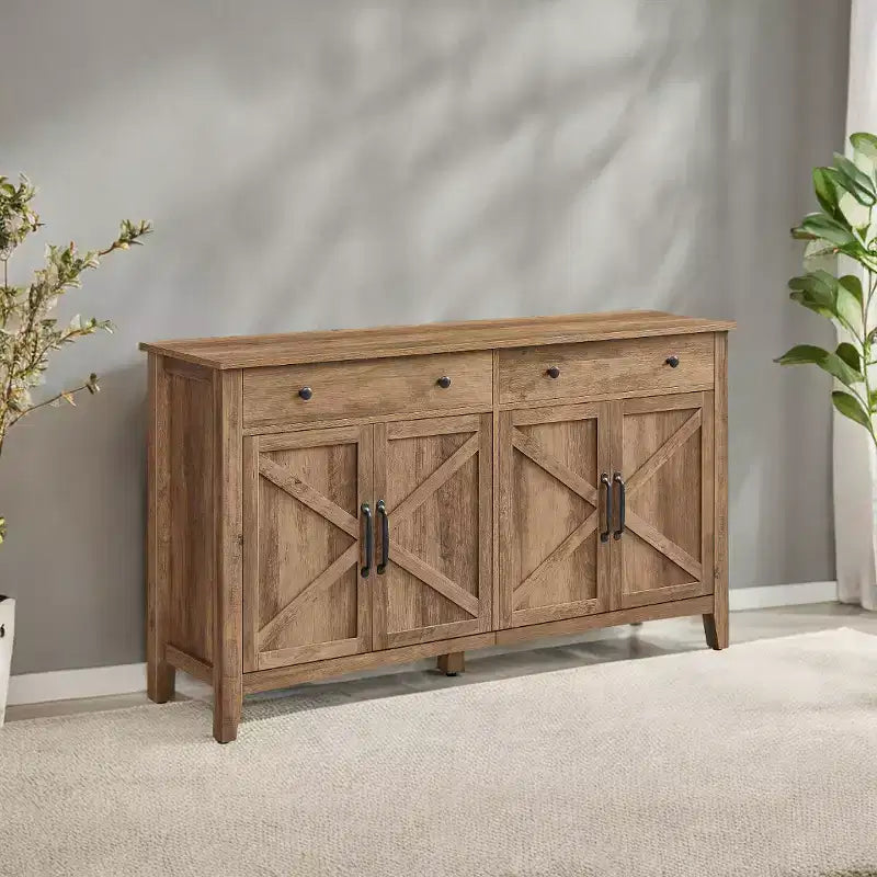 Meuble de rangement de cuisine style ferme marron miel avec 2 tiroirs et étagères réglables, parfait pour un coin café