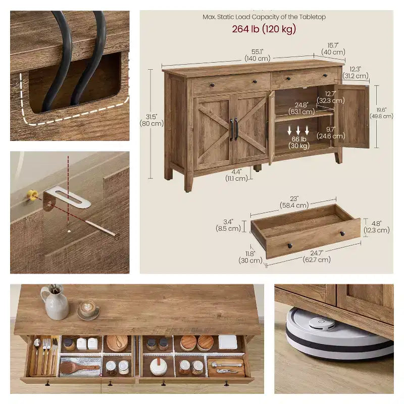 Meuble de rangement de cuisine style ferme marron miel avec 2 tiroirs et étagères réglables, parfait pour un coin café
