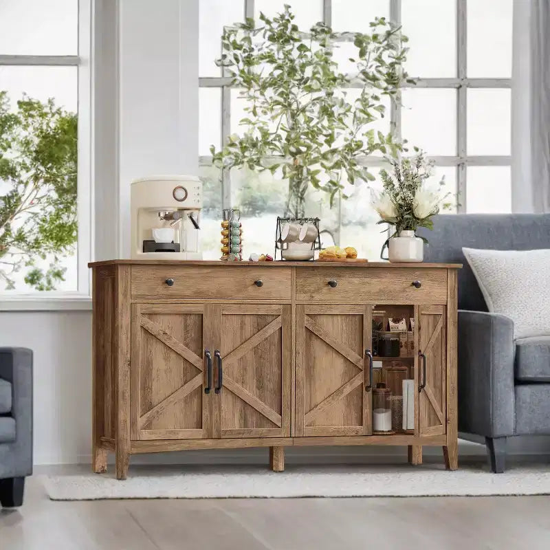 Meuble de rangement de cuisine style ferme marron miel avec 2 tiroirs et étagères réglables, parfait pour un coin café